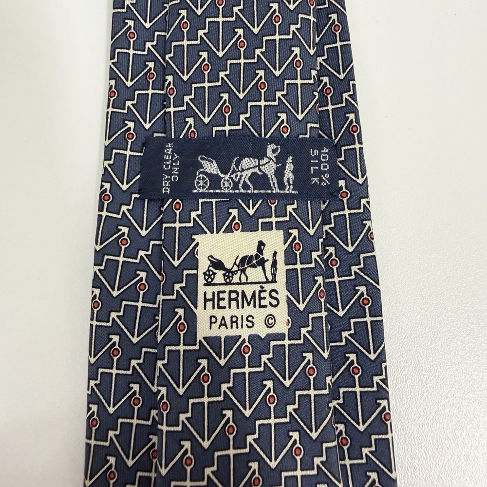 Hermes Mens Tie Geometric Anchor Links Blue Khaki Silk 952 IA 3 1/8" (W) 56" (L)